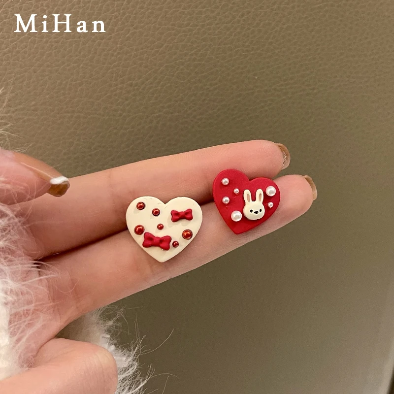 

Mihan S925 needle Sweet Jewelry Heart Earrings Popular Design Asymmetrical Rabbit Bow Stud Earrings For Women Accessories