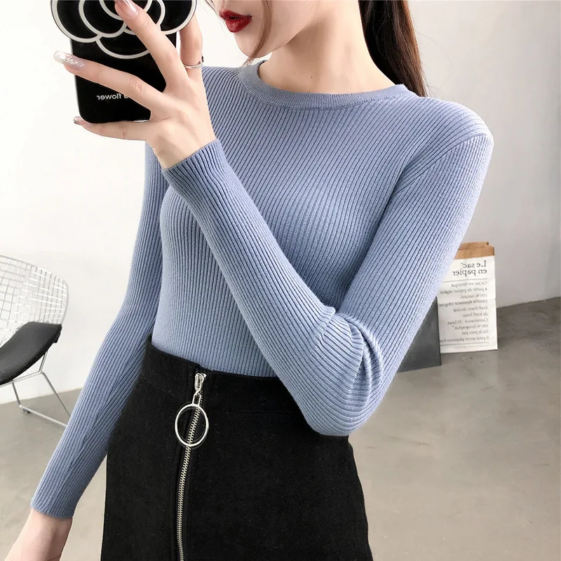 

2021 new fashion T-shirt Spring and autumn round neck solid color knitted women