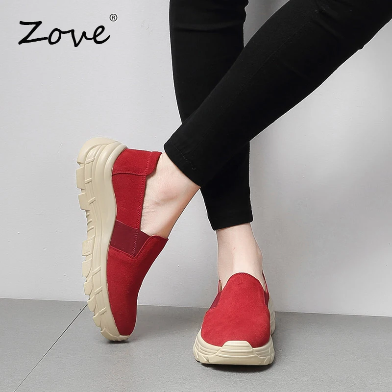 ZOVE/женские лоферы на плоской платформе; кроссовки; Модные осенние замшевые мокасины без застежки; женская обувь; Цвет Красный; chaussure; криперы