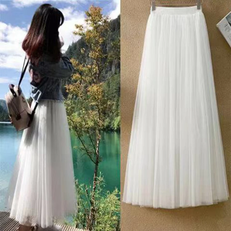 

2021 Spring New Vintage Tulle Skirt Women Elastic High Waist Mesh Korean Style Skirts Long Pleated Tutu Skirt Female Jupe Longue