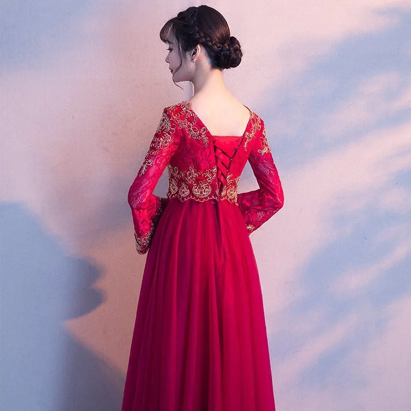 Бордовое платье в китайском традиционном стиле из пряжи для свадьбы подружки
