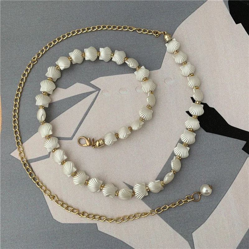 

2021 Elegant Tassel Chain Belt Shell Pearl Metal Women's Dress With Slim Belt Wedding Party Waist Decoration Belt