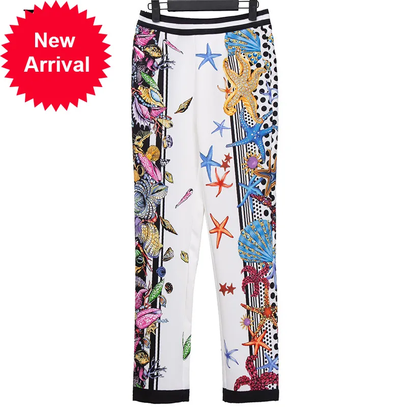2021 Summer Fashion Runway Pants Suits Women's Elegant Short sleeve Print Top and Slim Long Pants 2 Two Piece Set
