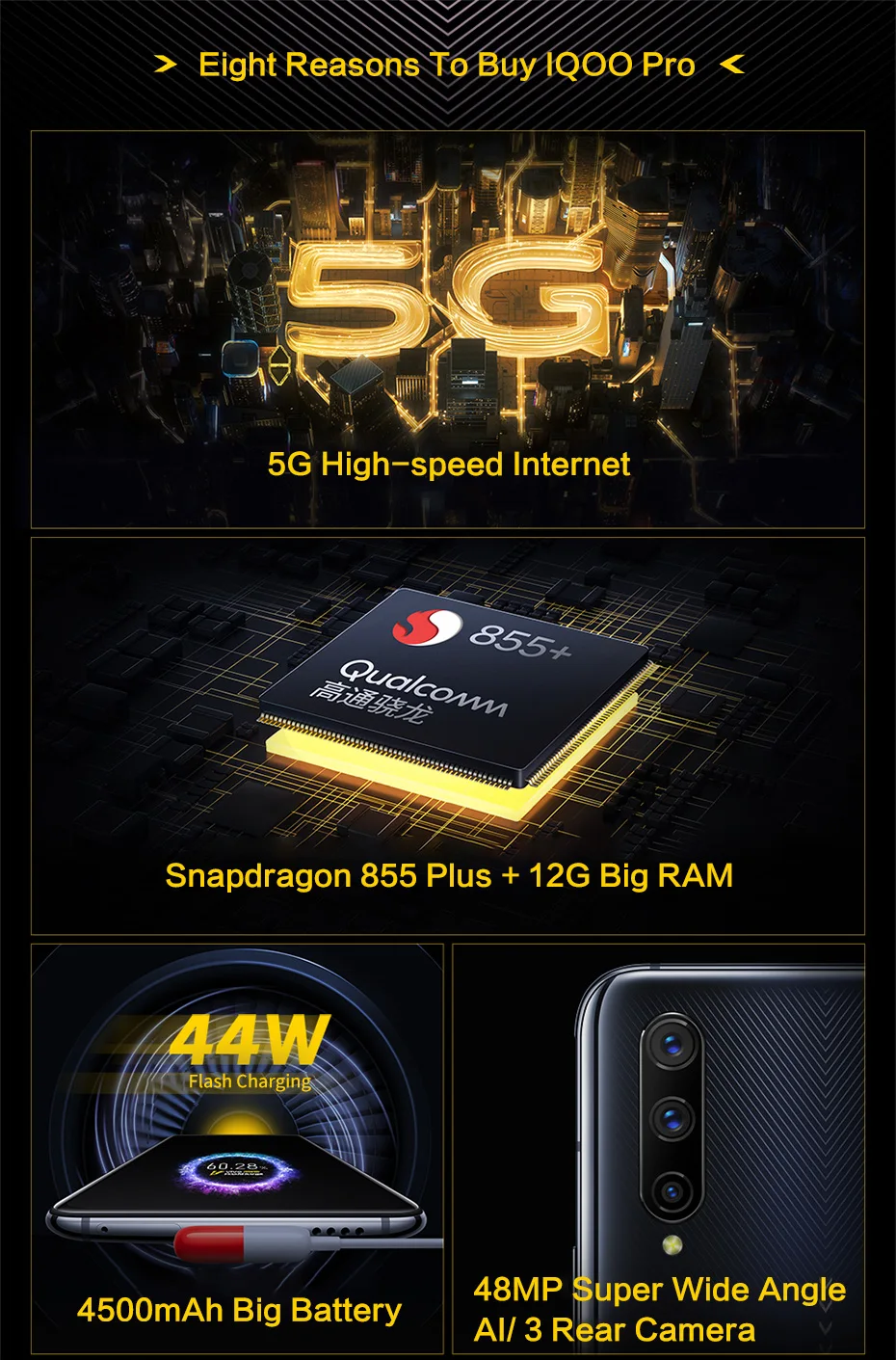 Vivo iQOO Pro смартфон Snapdragon855 Plus 4500 мАч 44 Вт 6,4" экран 48MP камера 12 Гб 128 Гб мобильный телефон