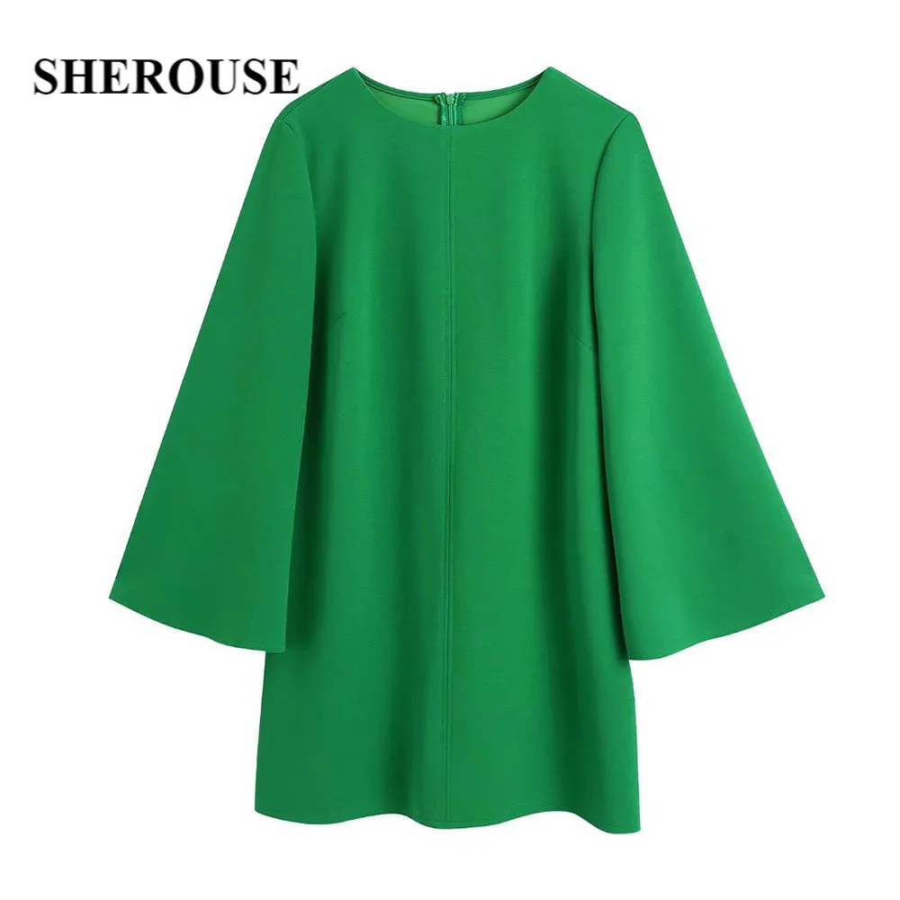 

Женское короткое платье с круглым вырезом Sherouse, зеленое платье оверсайз с длинными широкими рукавами и молнией сзади