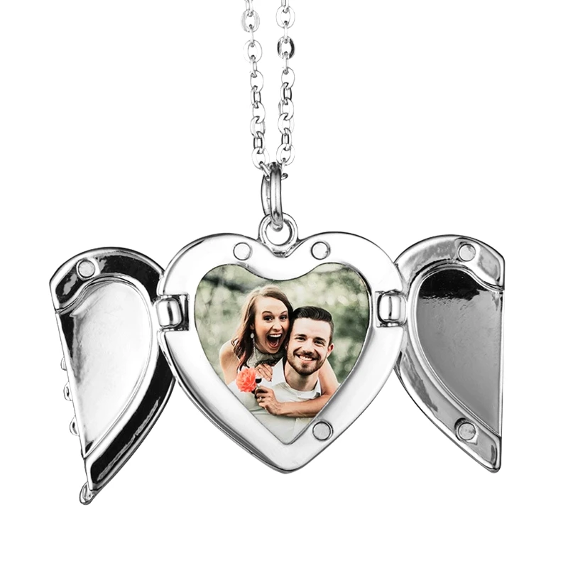 

Leiouser Heart Sublimation Blanks Angel Wing Love Heart Necklaces Custom Lockable Photo Blank MDF Printable Pendant for Women