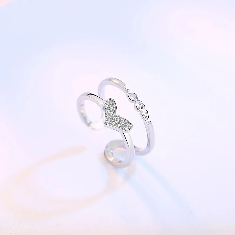 

New 925 Sterling Silver LOVE Shape Zircon Open Ring DesignLove Double Layer Ladies Ring To Send Ladies Party Jewelry Gift R004