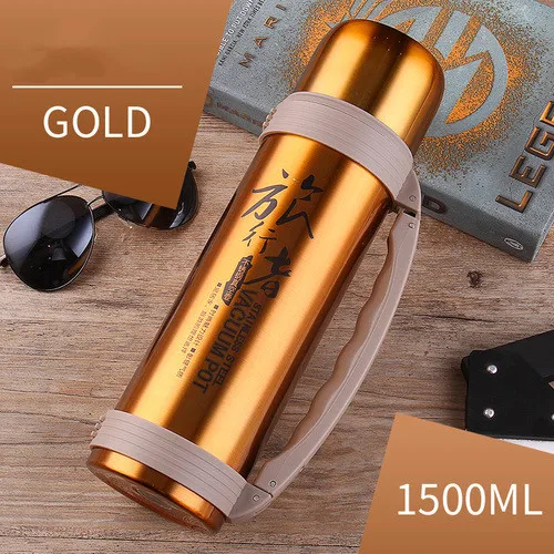 Gold color 1500ml 304 термос большой емкости из нержавеющей стали, 1200 мл, 1500 мл, 2л, для машины, для путешествий, портативная бутылка-термос л - Цвет: Gold color 1500ml