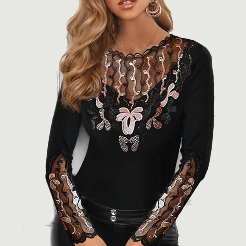 

Elegant Petal Sleeve Stand Collar Hollow Out Flower Lace Patchwork Shirt Femme Blusas All-match Women Lace Blouse Top