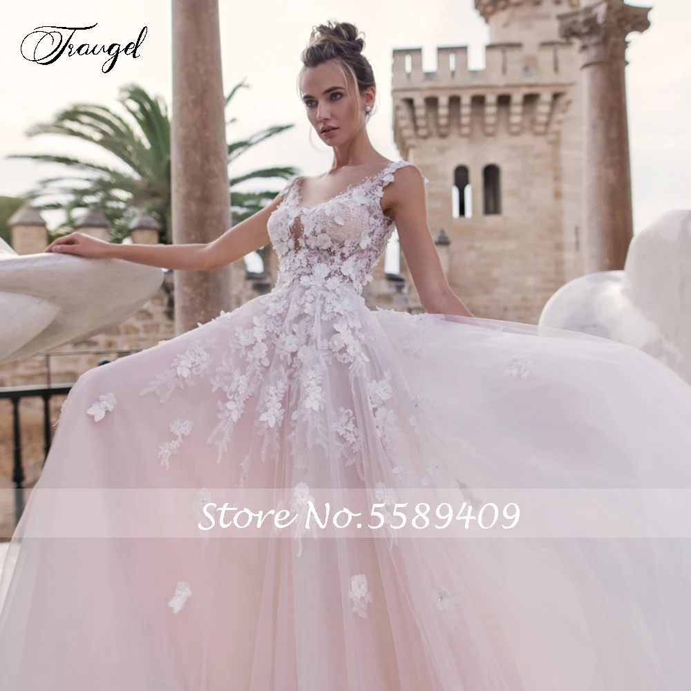 

Traugel Scoop A Line Lace Wedding Dresses Elegant Beaded Sleeveless Bridal Dress Court Train Wedding Gowns for Bride Plus Size