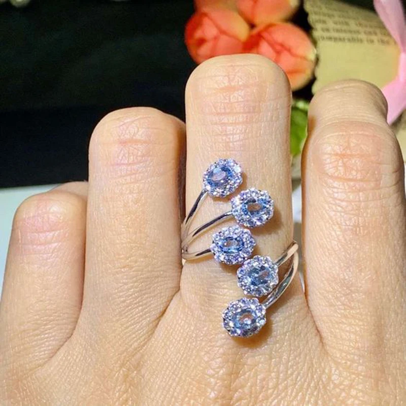 

New Arrival Branch Opening Ring Blue Cubic Zirconia Adjustable Cocktail Ring for Women Wedding Party Exquisite Jewelry T4M870