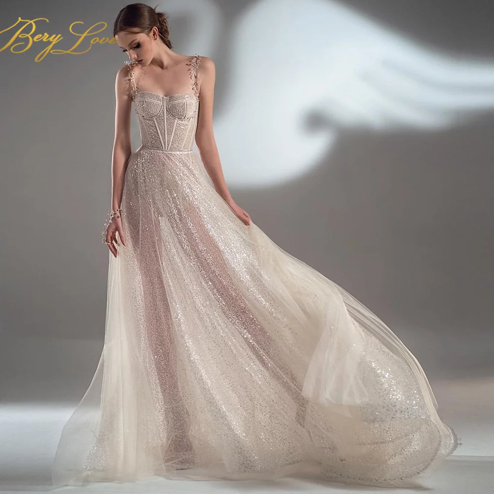 

A Line Spaghetti Strap Prom dresses sweetheart Sequin Transparent Tulle Evening dress High Waist Long elegant dresses vestido