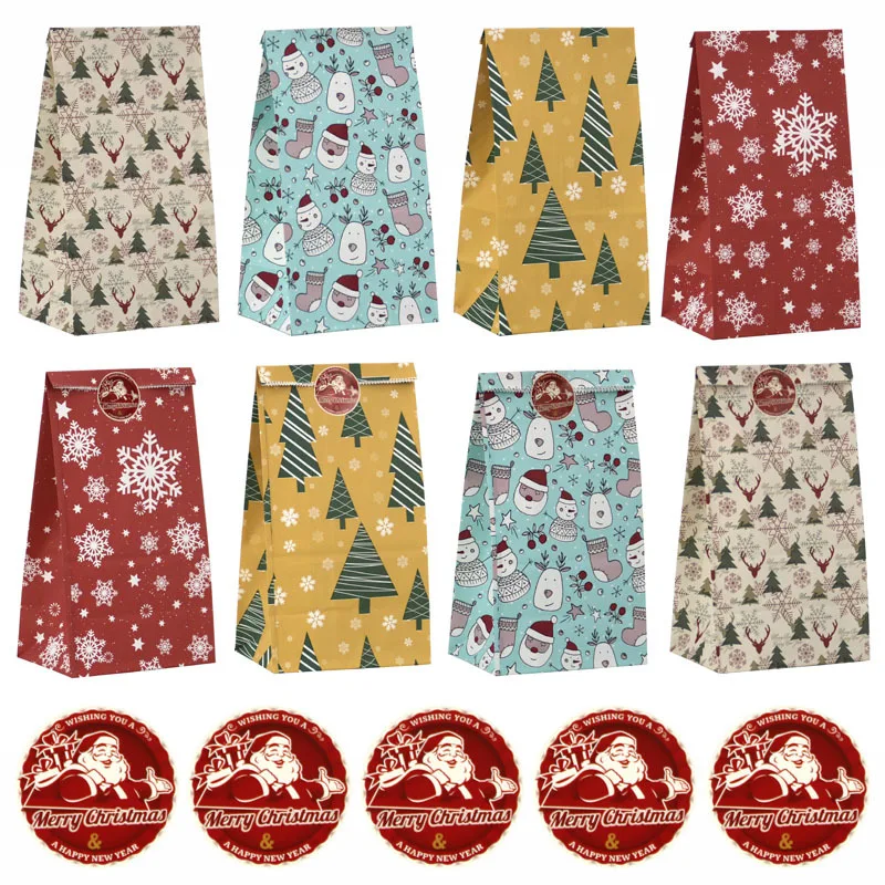 

Christmas Gift Bag Kraft Paper Candy Biscuit Bag with Sticker Christmas Tree Packaging Bag Christmas Birthday Party Decoration