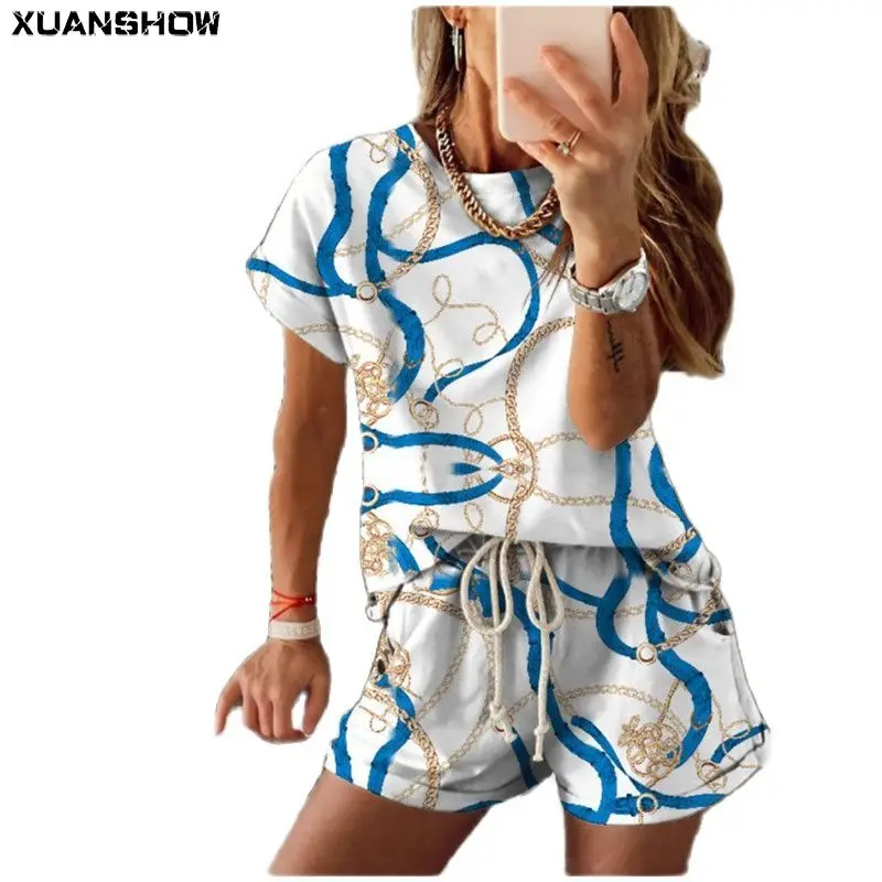 

XUANSHOW Summer Women Jogging Suit Set Tie-dye Gradient Short-sleeved Casual Two Piece Athleisure Clothing Suit