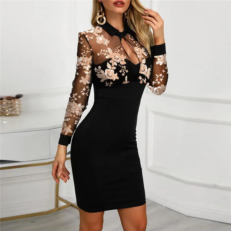 Женское облегающее прозрачное сексуальное мини платье в сеточку с цветком и