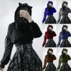 Черный готический укороченный топ, женские толстовки и свитшот с открытыми плечами, пуловер с капюшоном и шнуровкой, короткий спортивный костюм с кошачьими ушками для женщин