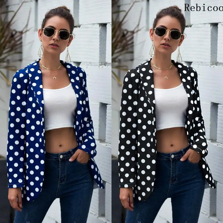 Женский Повседневный пиджак в горошек черный офисный с рукавами складку деловая