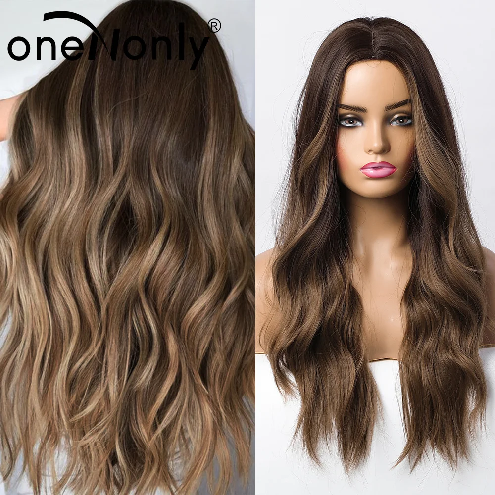 

oneNonly Brown Wig Long Natural Wave Synthetic Wigs with Middle Part for Women Coaplay Natural Hair Heat Resistant