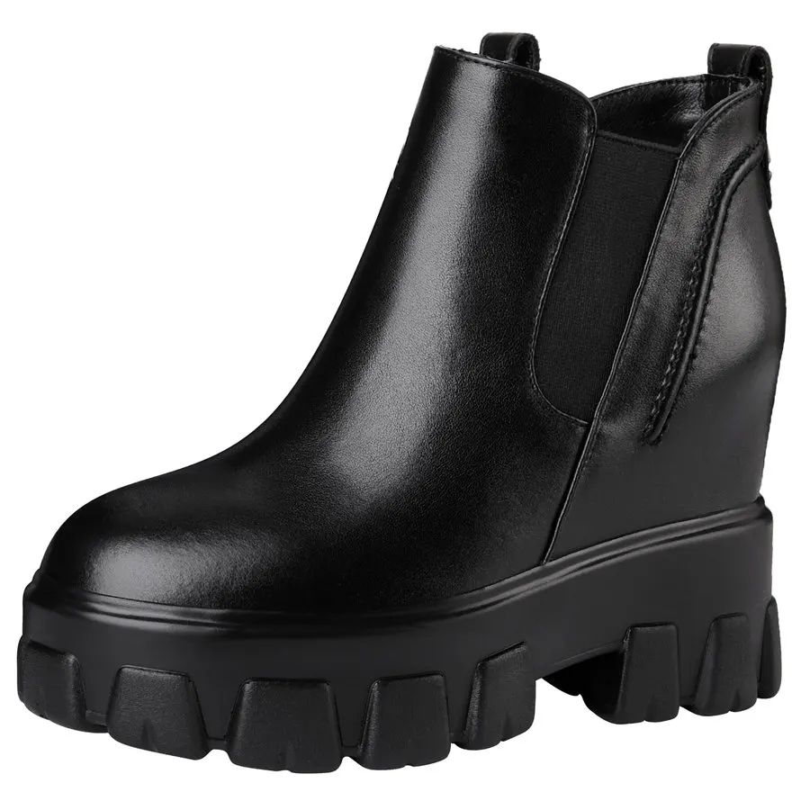 

2020 Punk Creepers Women Black Genuine Leather High Heel Platform Pumps Shoes Female Mid Top Round Toe Ankle Boots Casual Shoes