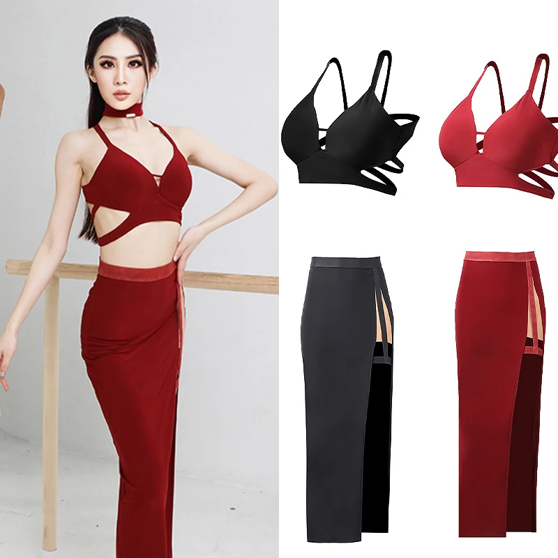 

New Women Latin Dance Costumes Sexy Backless Tops Split Skirt suit Robe Danse Wear Latin Dance Skirts Performance Dress SL4107
