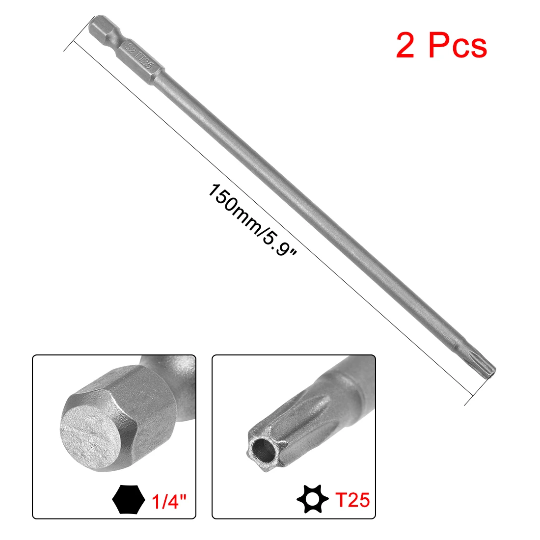 

uxcell 2Pcs 1/4" Hex Shank 150mm Length Magnetic Torx Security Head T25 Screwdriver Bits S2 Alloy Steel