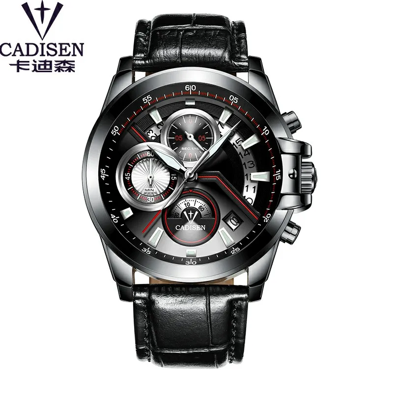 Black Leather CADISEN часы Мужские лучший бренд класса люкс военные армейские Спортивные Повседневные водонепроницаемые мужские модные часы кварцевые наручные часы из нержавеющей стали - Цвет: Black Leather