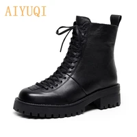 aiyuqi ladies genuine leather martin boots 2021 winter fuzzy lace up women motorcycle boots thick heel women shoes boots