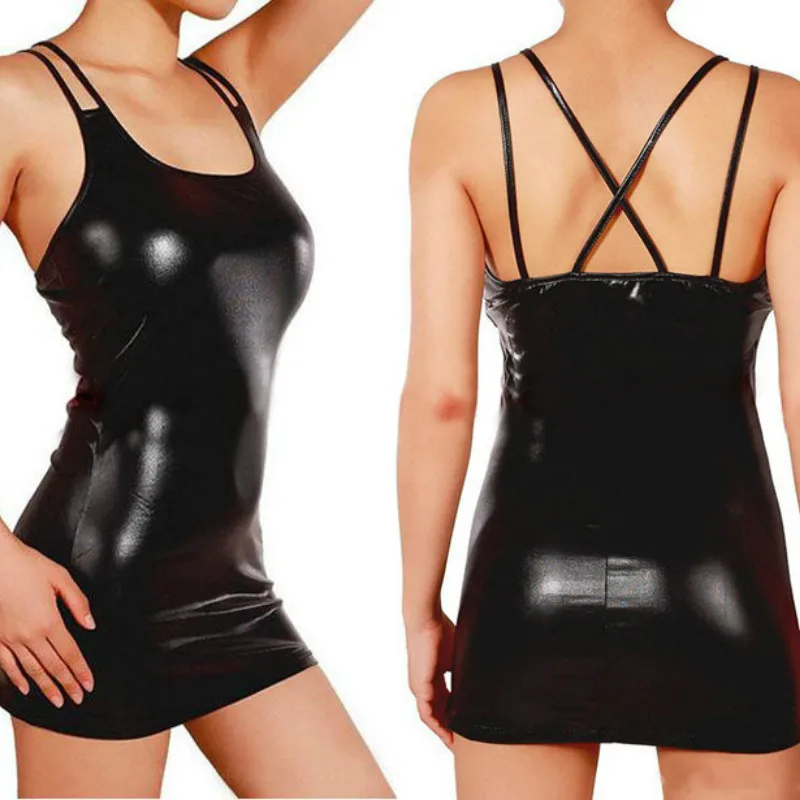 

Модное Королевское Новое поступление, сексуальное металлическое мини-платье, женское платье в стиле панк из полиуретана и ПВХ, стрейчевое металлическое платье