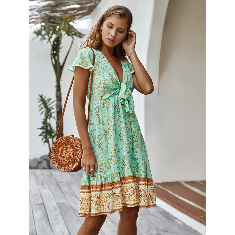 

Women Dress Bohemian Holiday Spring Nice Butterfly Short Sleeve Floral Print High Waist Ruffled Summer A-Line Elegant Dresses