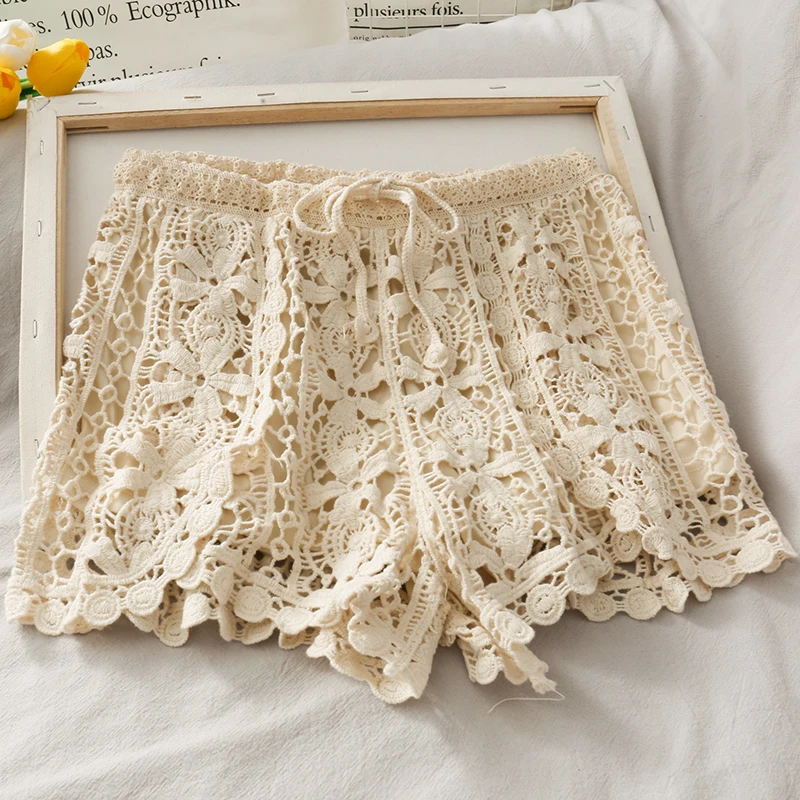 Кружевные женские шорты Летние черные белые вязаные ажурные эластичные