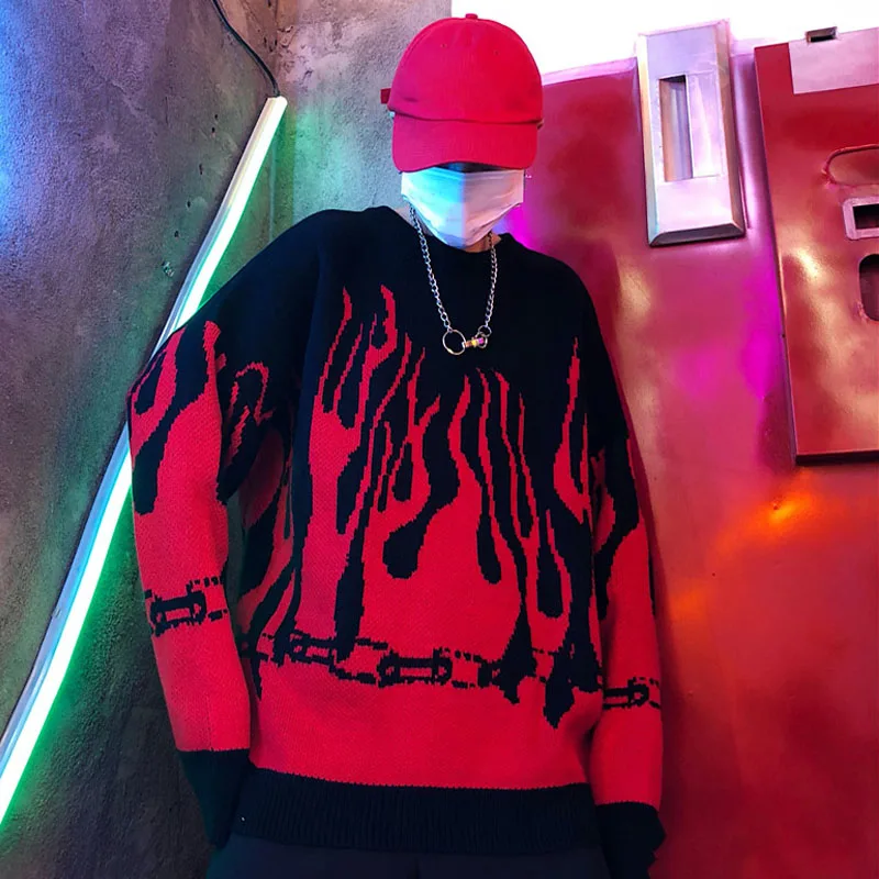 Oversize Knitted Batwing Sleeve Women's Sweater Winter Flame Print Sweaters Female Japanese Long Casual Loose Pullovers Women | Женская