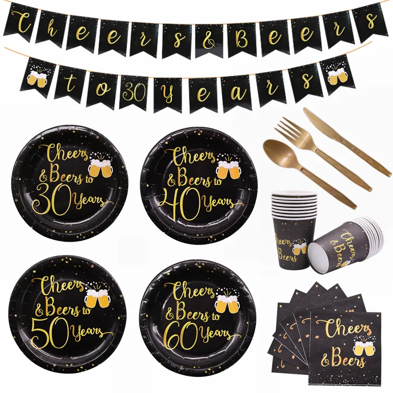 

Black Gold Disposable Tableware Paper Plate Napkin for 30/40/50/60 Years Old Adult Birthday Party Decoration Tableware Supplies.