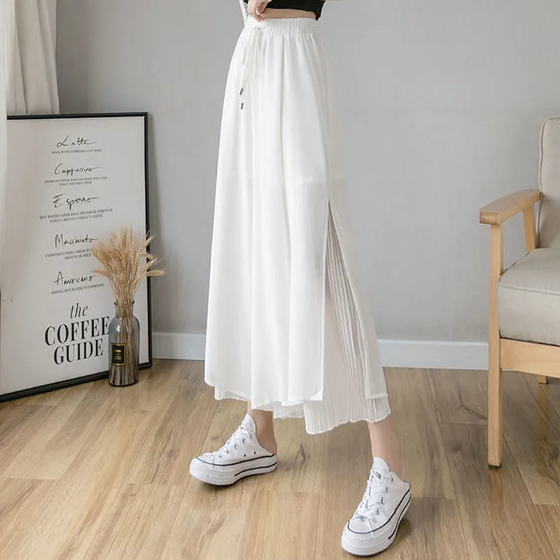 

2021 summer new style pleated chiffon wide-leg pants fashion casual slim high waist drape elegant nine-point skirt pants women