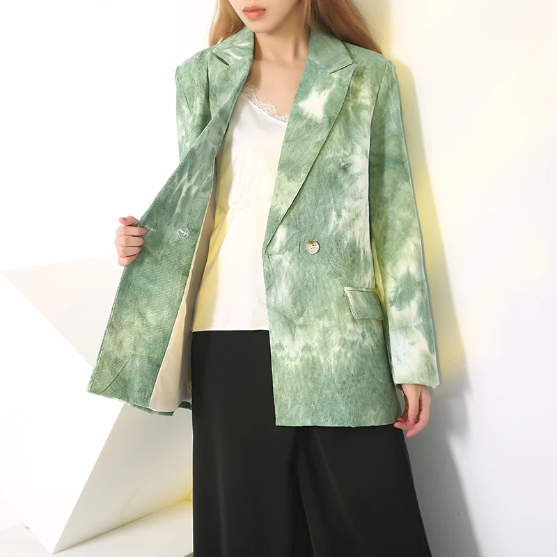 

[EAM] Women Green Printed Big Size Blazer New Lapel Long Sleeve Loose Fit Jacket Fashion Tide Spring Autumn 2021 1Z76706