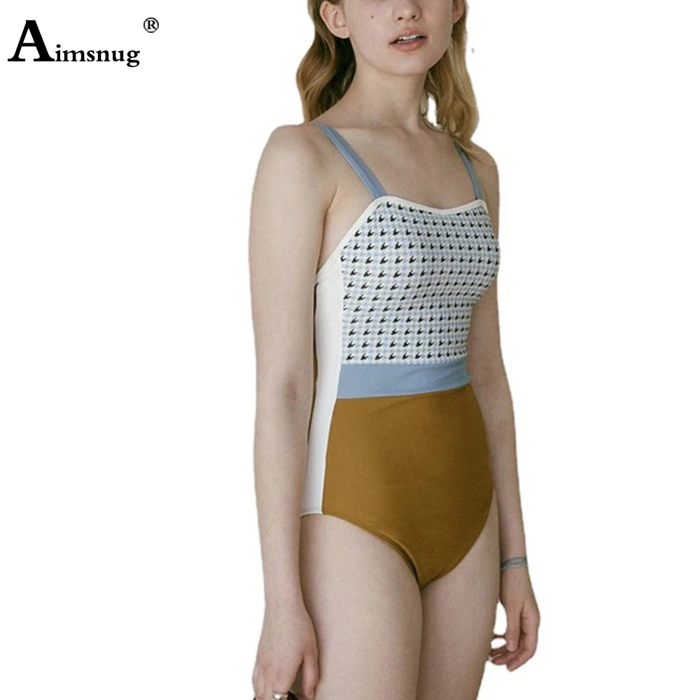 

Women High Waist Swimwear Kpop 2021 Patchwork One-Piece Swimsuit Fashion Houndstooth Print Bodysuits Female Onesie Bathing Suit