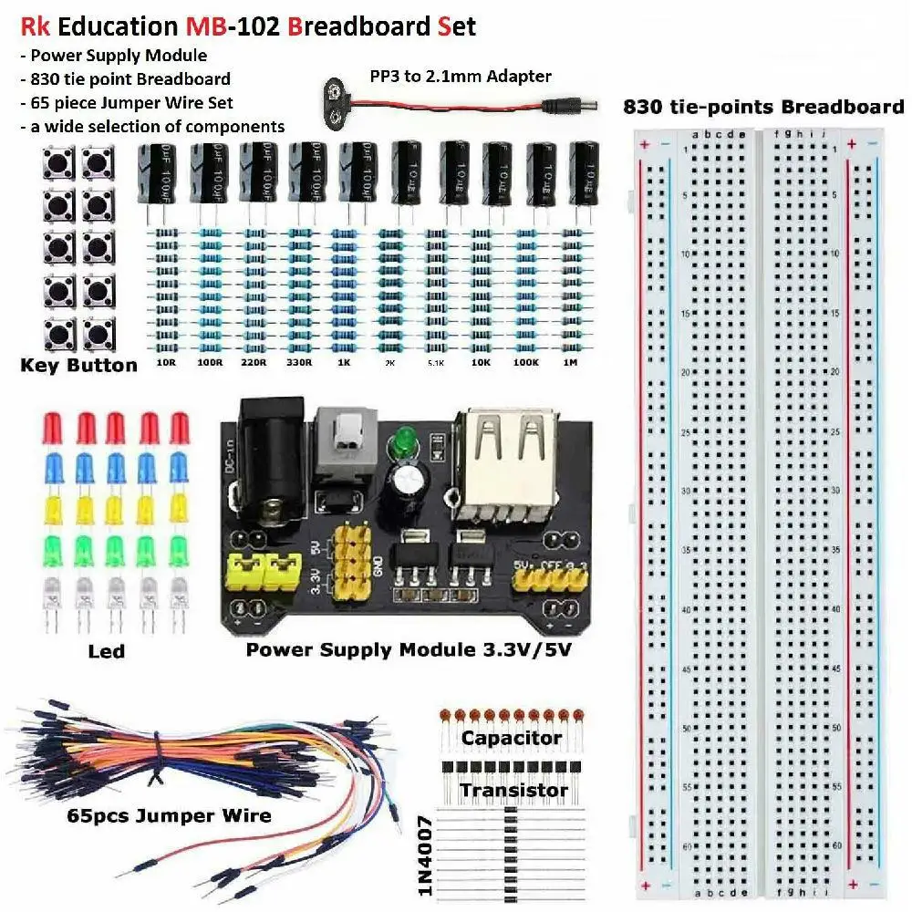 

Electronic Components MB102 Breadboard PSU Set 2.1mm to PP3 Lead
