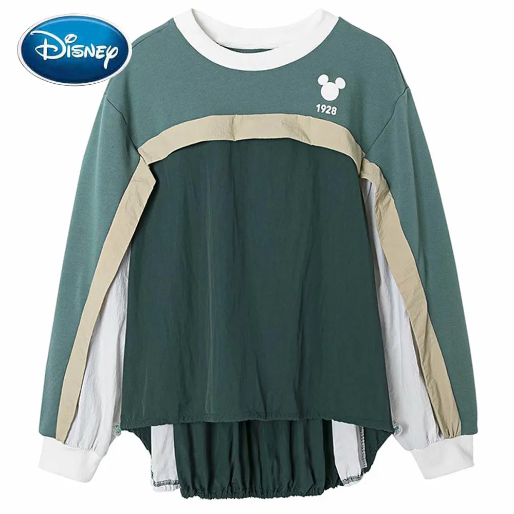 

Disney Sweatshirt Fashion Minnie Mickey Mouse Cartoon Print Contrast Color Patchwork Women O-Neck Long Sleeve Loose Tops Female