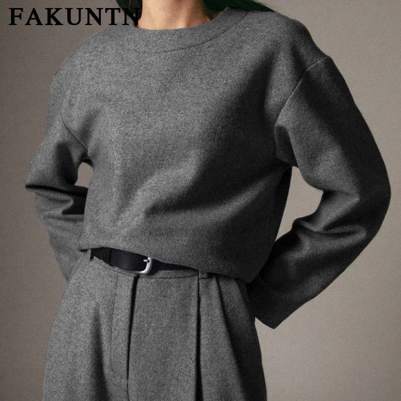 저렴한 FAKUNTN 여성 정장 겨울 투피스 세트 라운지웨어 2021 패션 새로운 솔리드 의상 O 넥 바지 운동복 세트 여성 의류