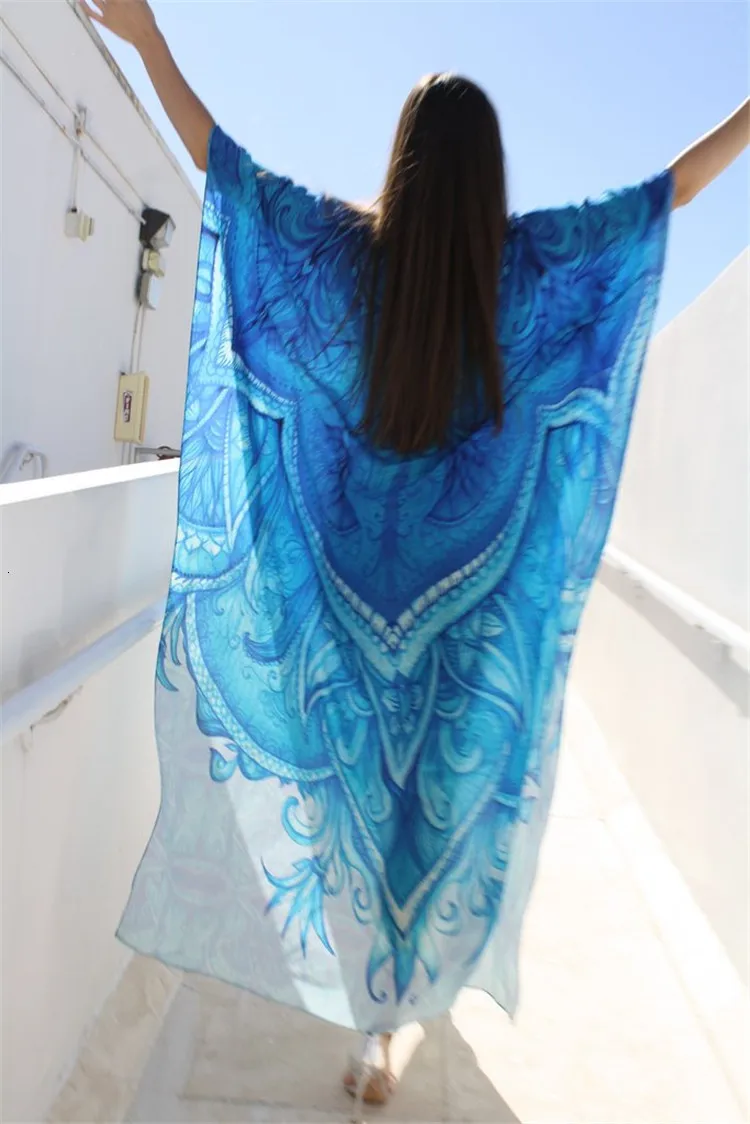 Пляжное платье-Кафтан с принтом морского синего цвета женское пляжное платье