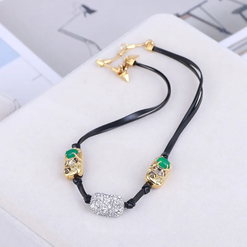 

Women gemstone shiny zircon square gold plated board leather string necklace