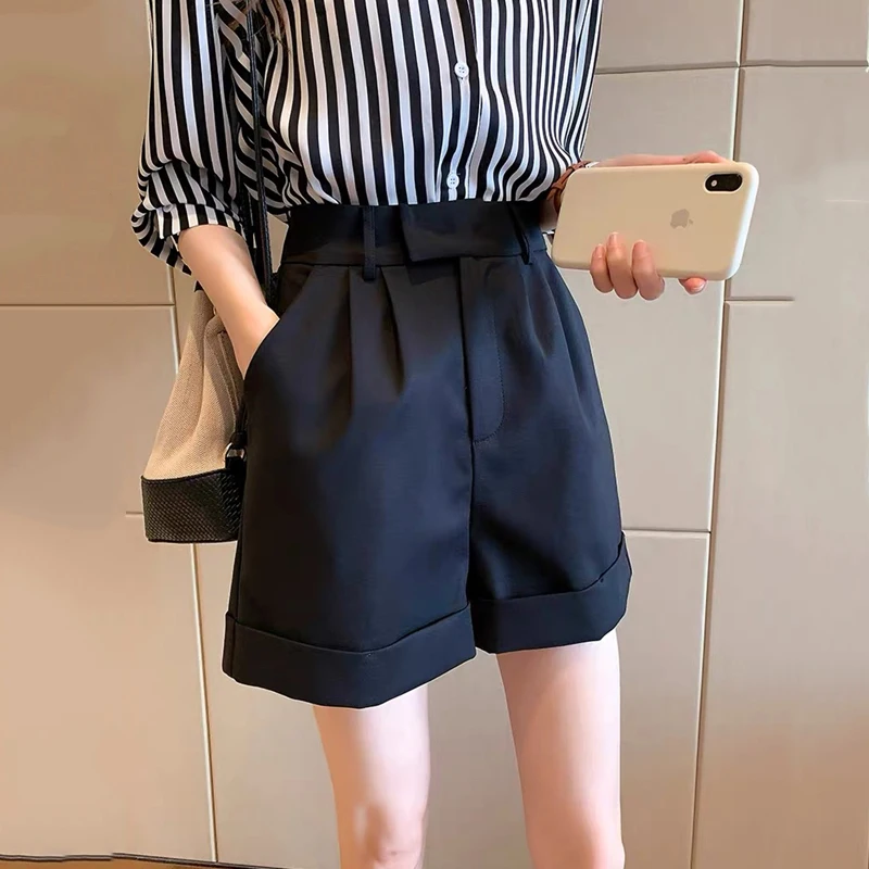 

Limiguyue Trendy Women Shorts Summer High Waisted Cuffed Suit Bermudas Thin Loose A-Line Wide-Leg OL Workwear Streetwear K1534
