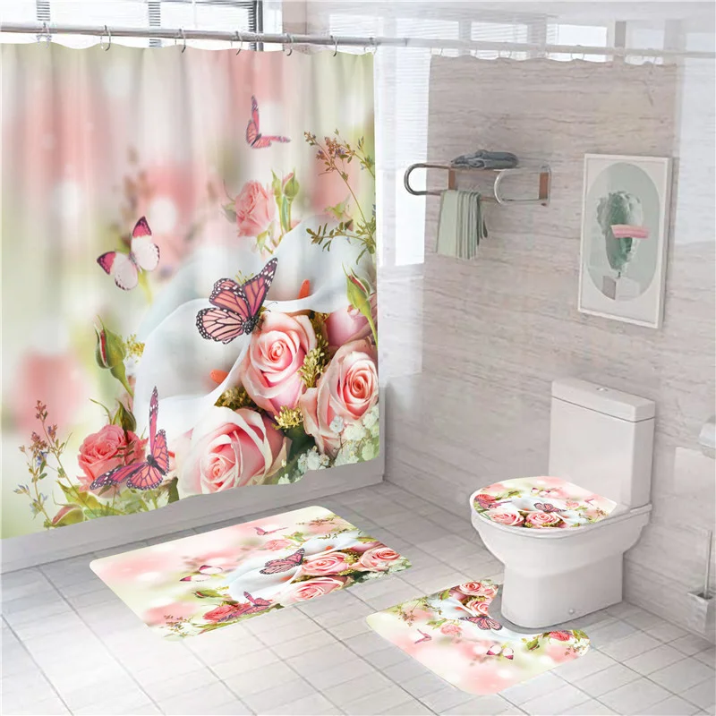 3d blue red pink rose print shower curtain set bathroom bathing screen anti slip toilet lid cover carpet rugs kitchen home decor free global shipping