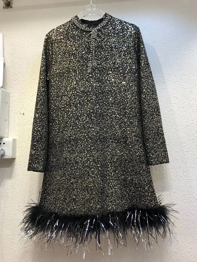 

Free shipping heavy crafts round neck diamond-studded bowknot stitching feathers straight sequin dress ladies autumn new style