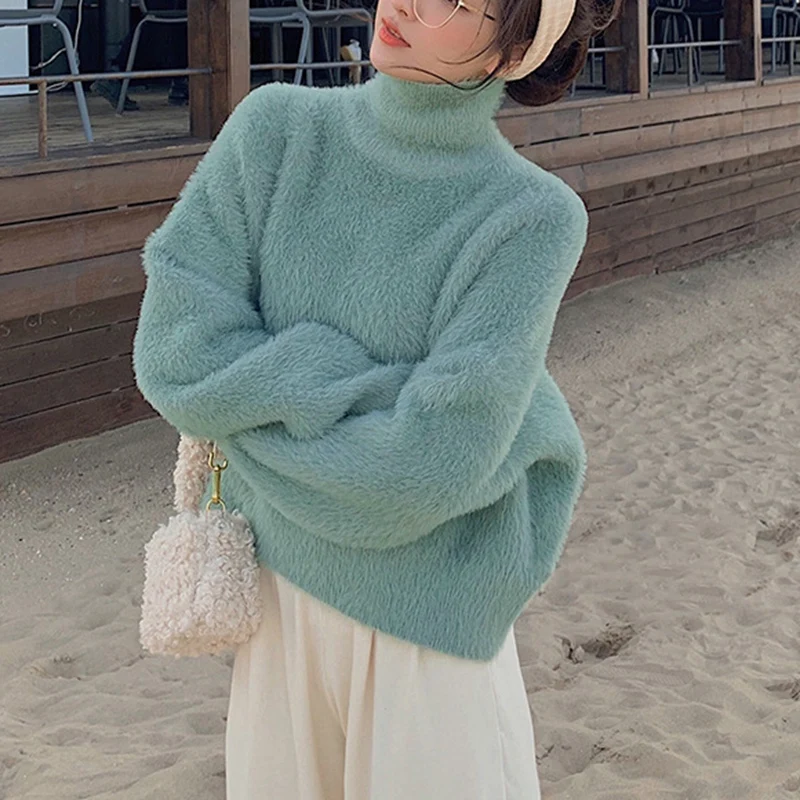 

Women's Fashion Plush Soft Waxy Loose Short Turtleneck Pullover Women's Top Knitwear One Size