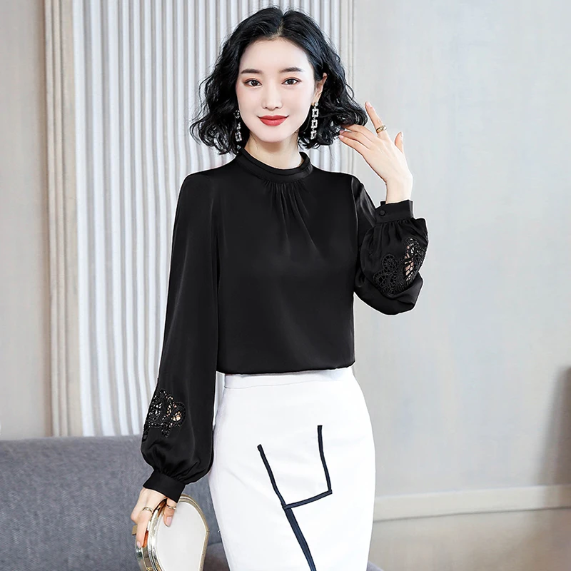 

Korean Fashion Silk Women Blouses Elegant Women Satin Blouse Shirts Lady Lantern Sleeve Hollow Out Blouses Shirt Plus Size Tops