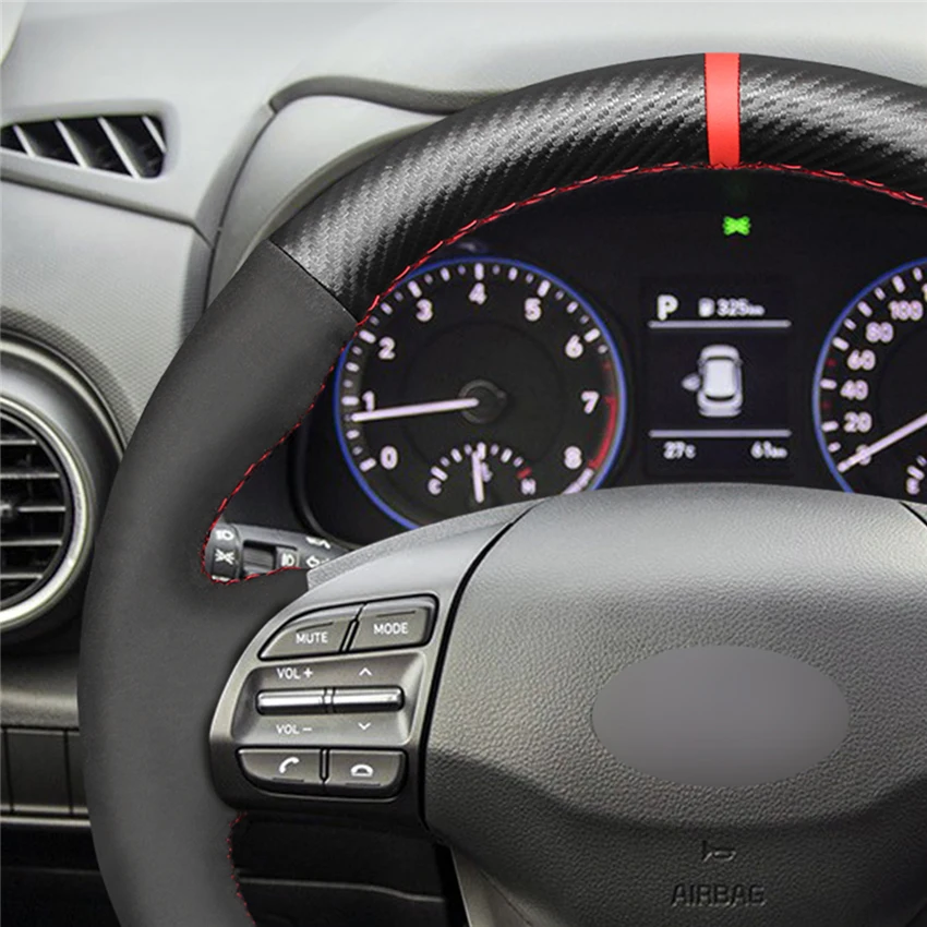 LQTENLEO Black Carbon Fiber Suede Comfortable Durable Hand Sewing Car Steering Wheel Cover for Hyundai Kona 2017 2018 2019 2020 |