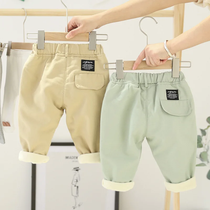 Хлопковые Теплые повседневные штаны для маленьких мальчиков и девочек зимние