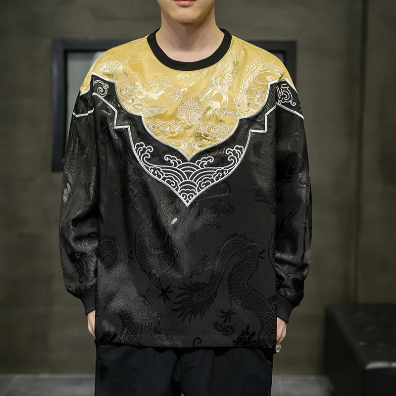 Мужская осенняя одежда в китайском стиле Шелковый костюм Хань Тан футболка с