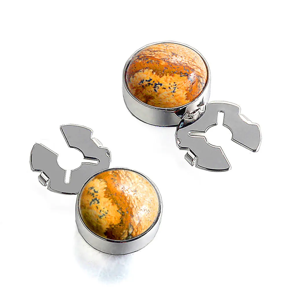 

Natural picture stone map coffee color silver BUTTON COVER cufflinks for Tuxedo Business Formal Shirts 17.5MM one pairs