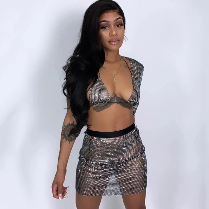 

Luxury Three Piece Sets Shiny Diamonds V-Neck Crop Tops Sleeveless Coat Elastic Waist Mini Skirt Sexy Hollow Out Outfits Women